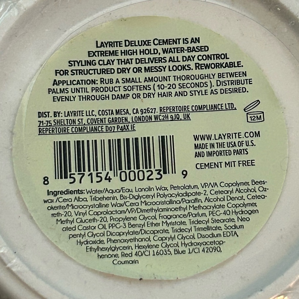Layrite Deluxe Cement Clay Hair Product High Hold Matte Finish 4.25oz. Jar. NIP - Picture 5 of 7